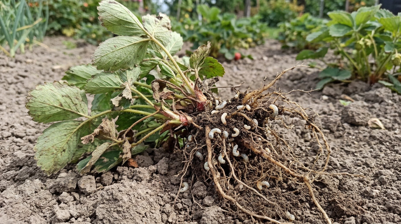 Lalokonosec – dospělý brouk a bělavá larva stočená do tvaru C